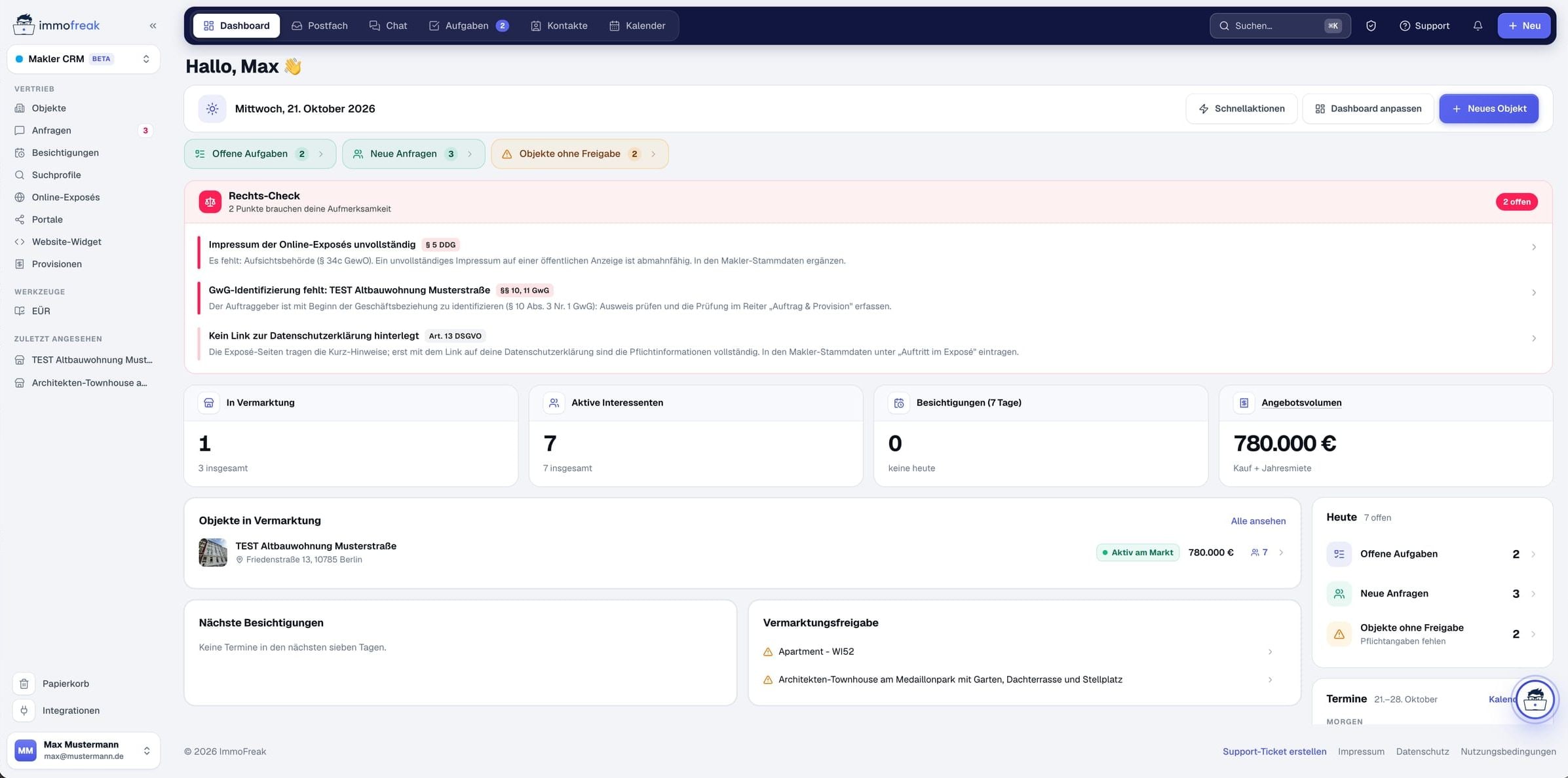 Makler-Dashboard in ImmoFreak: Rechts-Check der Exposés, Objekte in Vermarktung, Interessenten und Besichtigungen